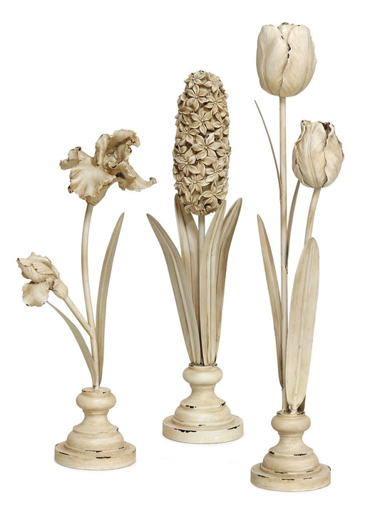 Distressed Ivory Floral Stem Sculpture (Set of 3)