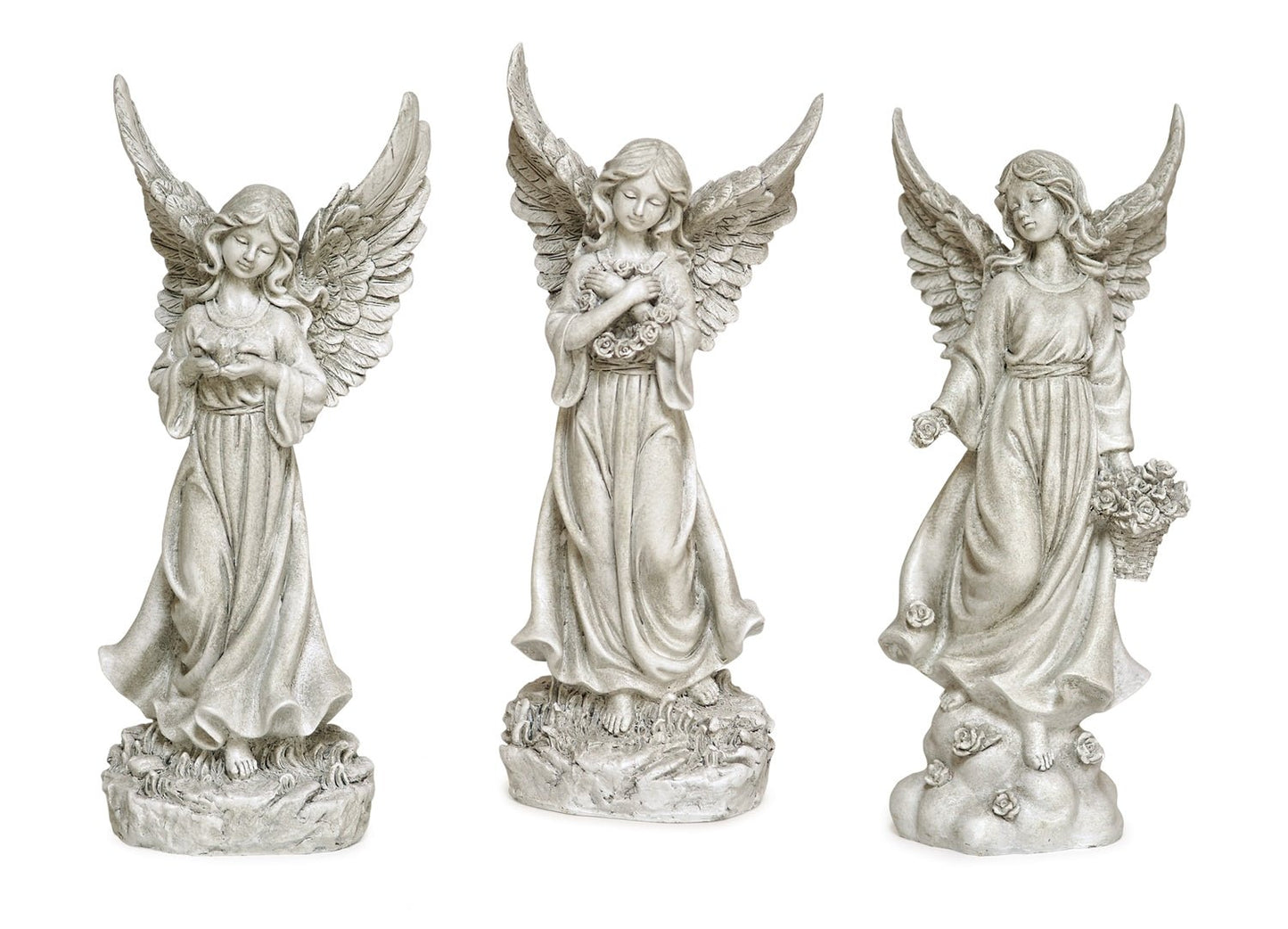 Garden Angel Statue with Bird and Flowers (Set of 2)