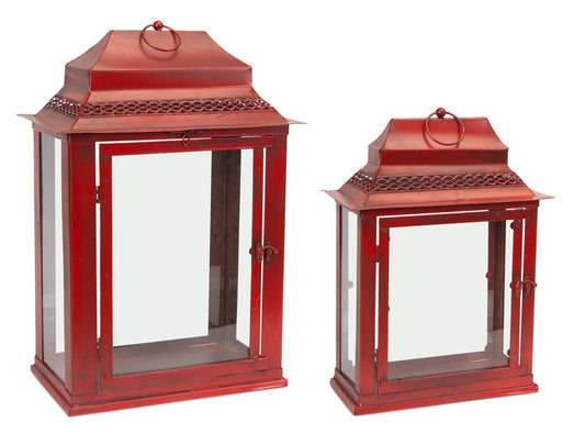 Traditional Red Metal Rectangle Lantern (Set of 3)
