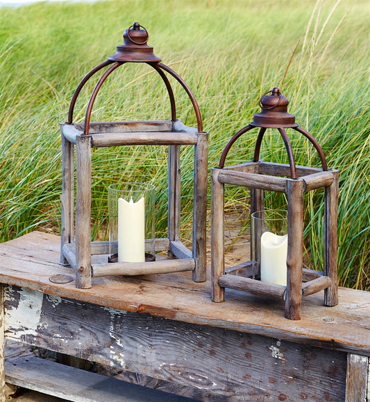 Rustic Wood Log and Antique Metal Lantern with Glass Hurricane (Set of 2)