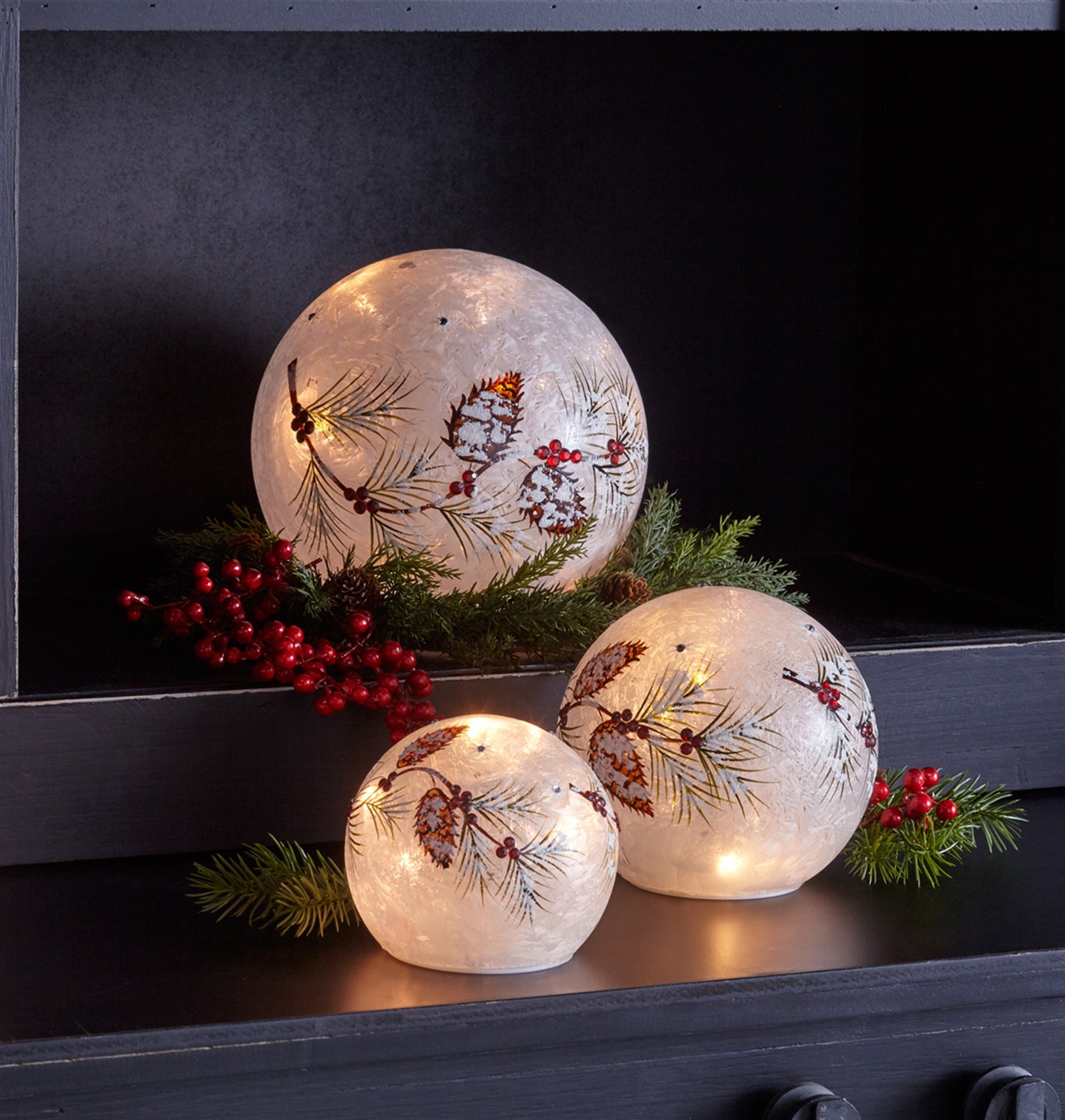 LED Frosted Pinecone and Berry Branch Orb (Set of 3)