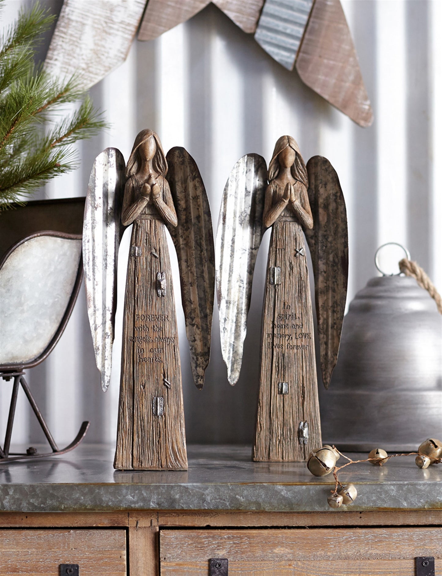 Rustic Wood Sentiment Angel with Galvanized Metal Wings (Set of 2)