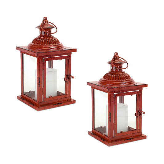 Antique Style Red Metal Lantern (Set of 2)