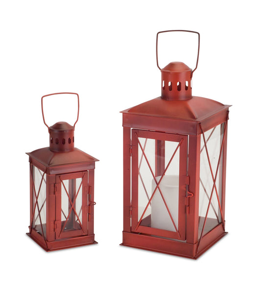 Rustic Red Metal Lantern (Set of 2)