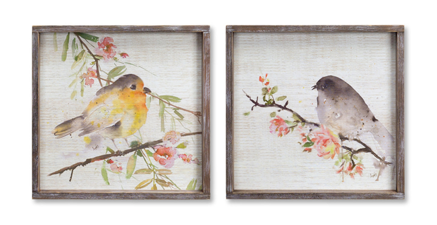 Wood Framed Watercolor Bird Plaque (Set of 2)