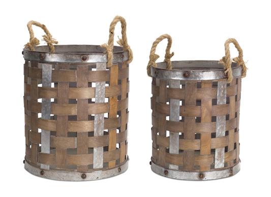 Woven Wood Pail with Rope Handle (Set of 2)