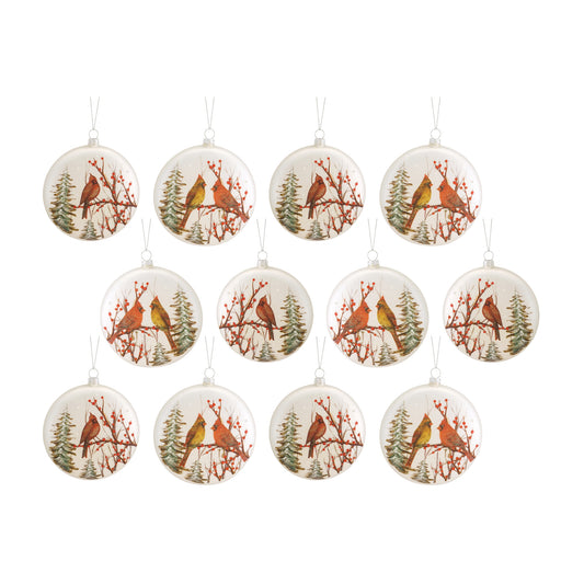 Glass Cardinal Pine Tree Disc Ornament (Set of 12)