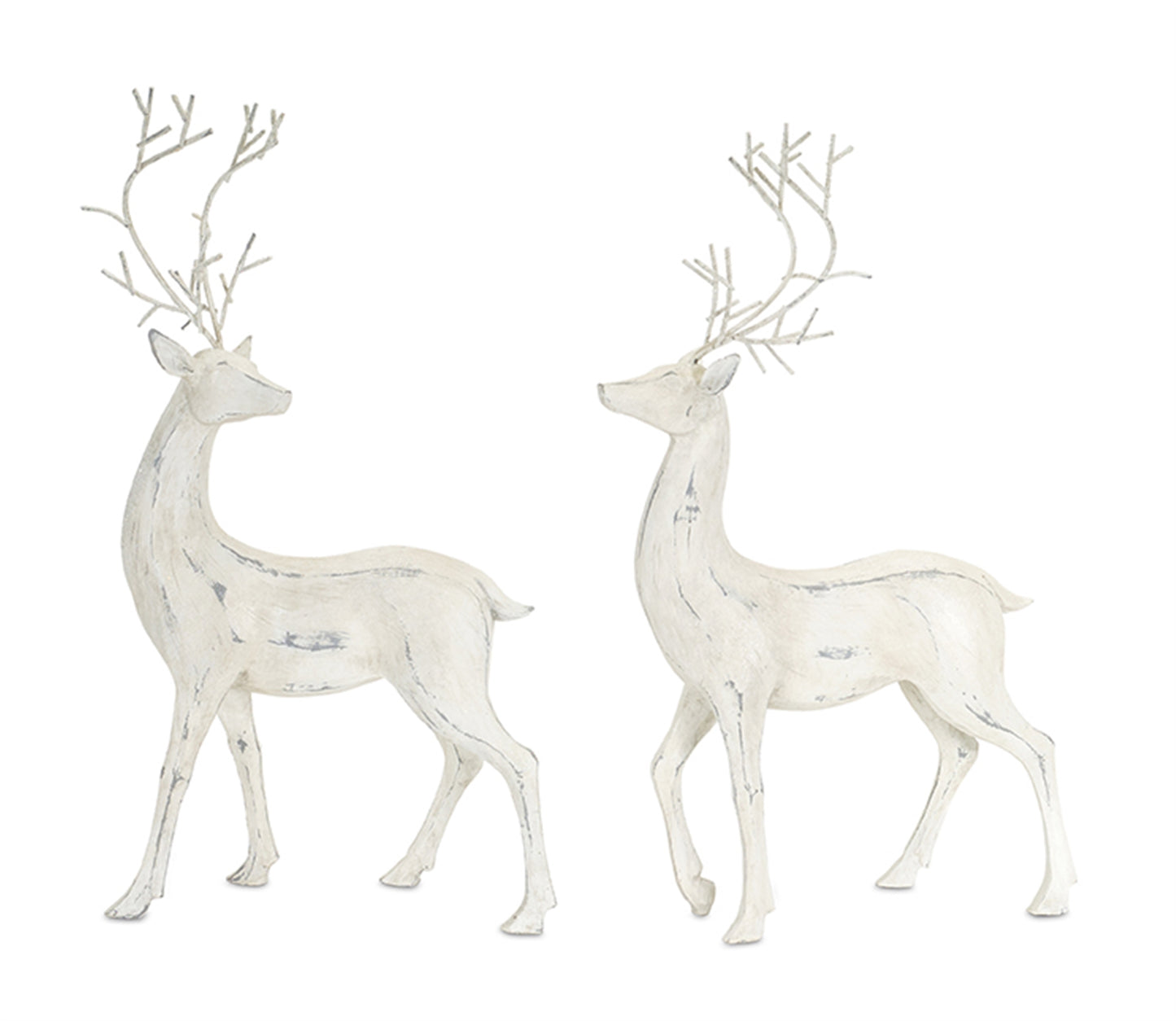 Distressed Ivory Deer Figurine with Metal Antlers (Set of 2)