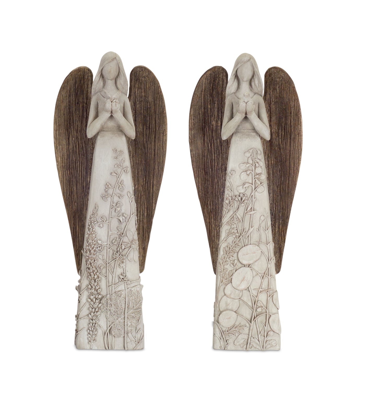 Floral Sculpted Angel with Wood Style Wings (Set of 2)