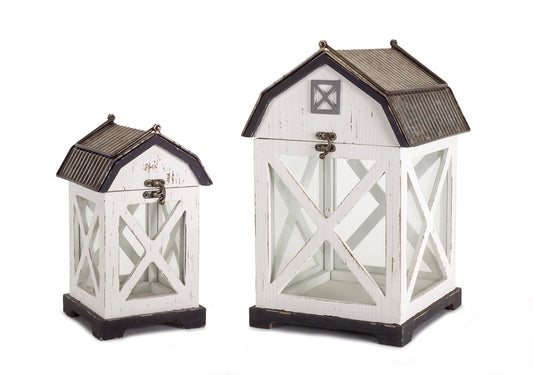 Distressed White Wood Barn Style Lantern (Set of 3)