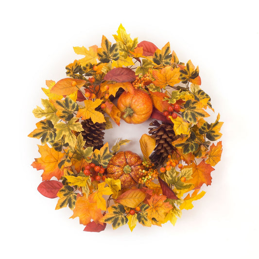 Harvest Foliage Candle Ring with Pumpkin and Pinecone Accents 20.5"D
