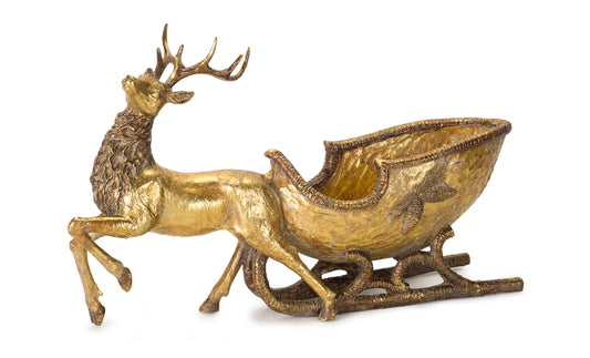 Bronze Metal Deer with Sleigh Display 19"L