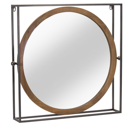 Wooden Circle Mirror with Iron Frame 24.5"H