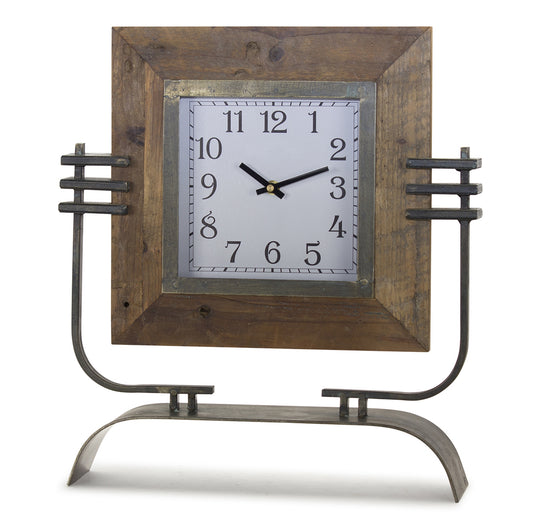 Wood Square Clock on Rustic Metal Stand 17.5"H