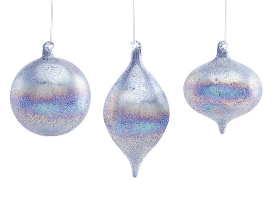 Irredescent Silver and Blue Glass Ornament (Set of 4)