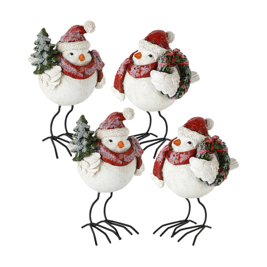 Frosted Bird Figurine with Santa Hat and Pine Accent (Set of 4)