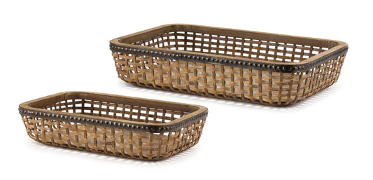 Woven Bamboo Basket Tray with Galvanized Metal Accent (Set of 2)