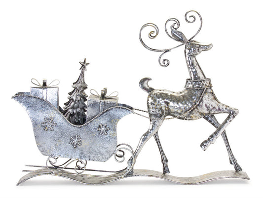 Silver Hammered Metal Deer with Sleigh and Presents Display 26.5"L