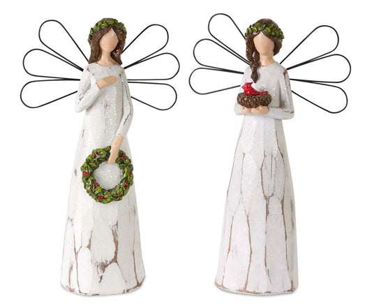 Frosted Winter Angel with Bird and Wreath Accent (Set of 2)