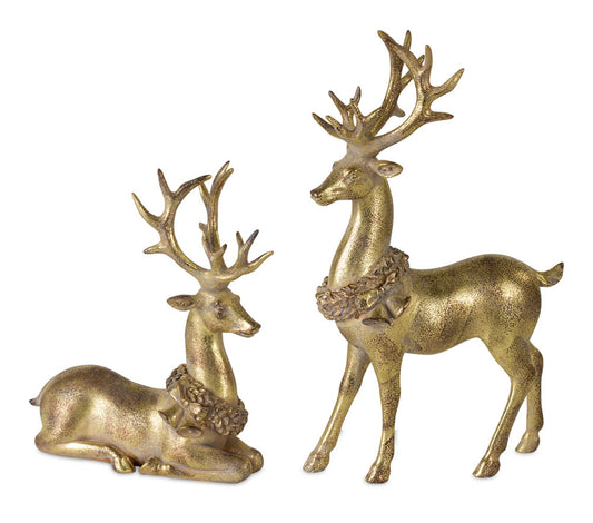 Modern Gold Deer Figurine with Wreath Accent (Set of 2)