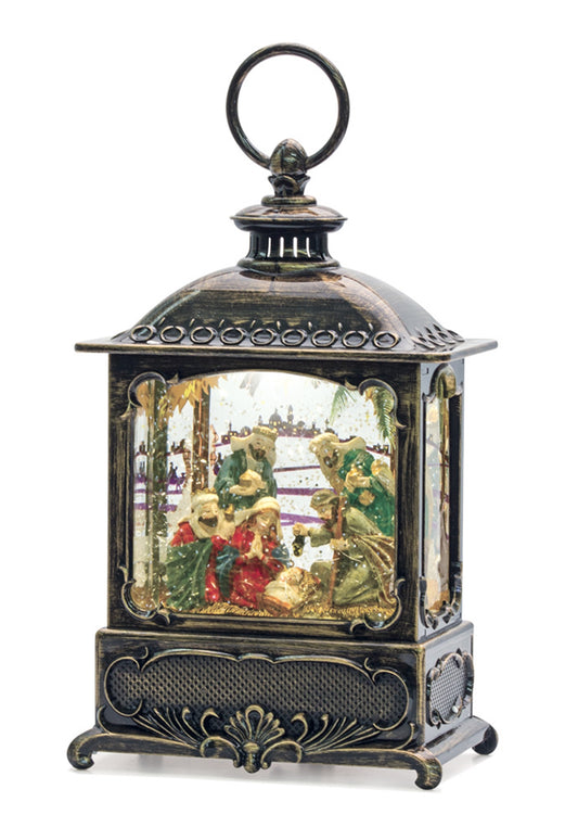 LED Snow Globe Lantern with Nativity Scene 10"H