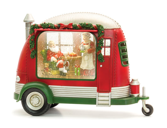 LED Snow Globe Camper with Santa and Mrs. Clause Scene 8"H