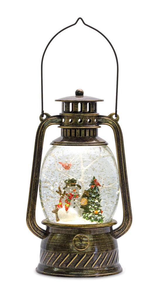 LED Snow Globe Lantern with Snowman and Birds Scene 11"H