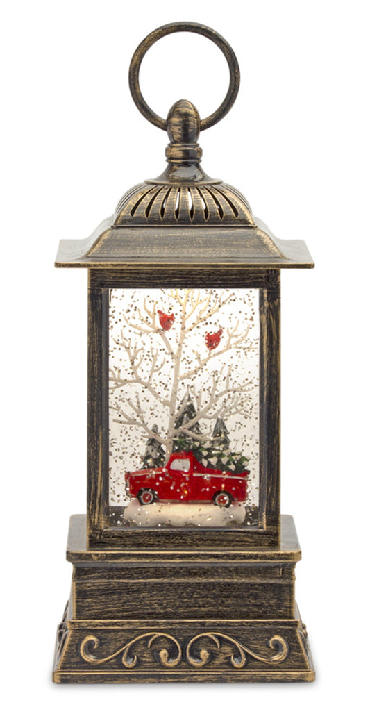 LED Snow Globe Lantern with Truck and Forest Scene 10.25"H