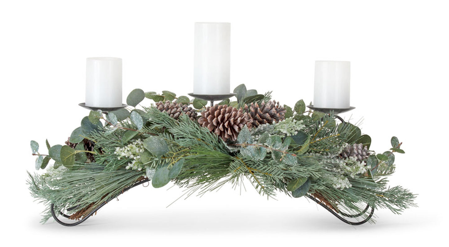 Frosted Pine and Eucalyptus Holiday Centerpiece Candle Holder 31"L