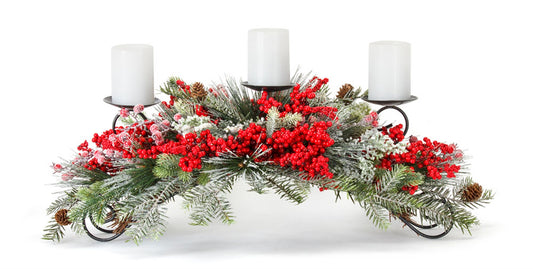 Frosted Pine and Mixed Berry Centerpiece Candle Holder 31"L