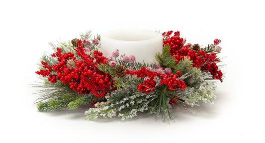 Frosted Pine and Mixed Berry Candle Ring Wreath 17"D