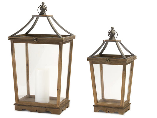 Natural Wooden Lantern with Open Top (Set of 2)