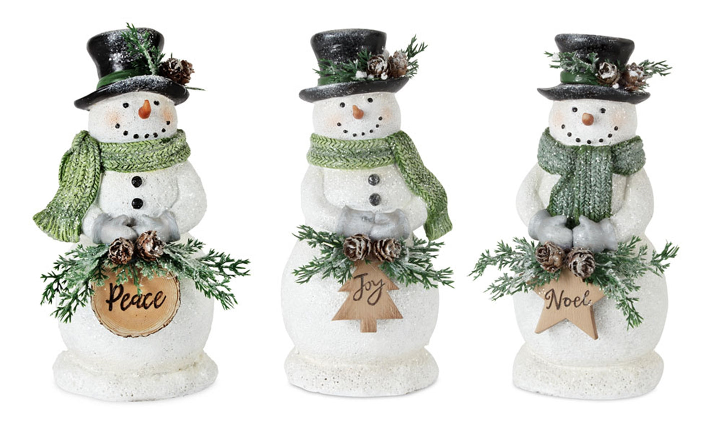 Holiday Snowman Figurine with Frosted Pine Accent (Set of 3)