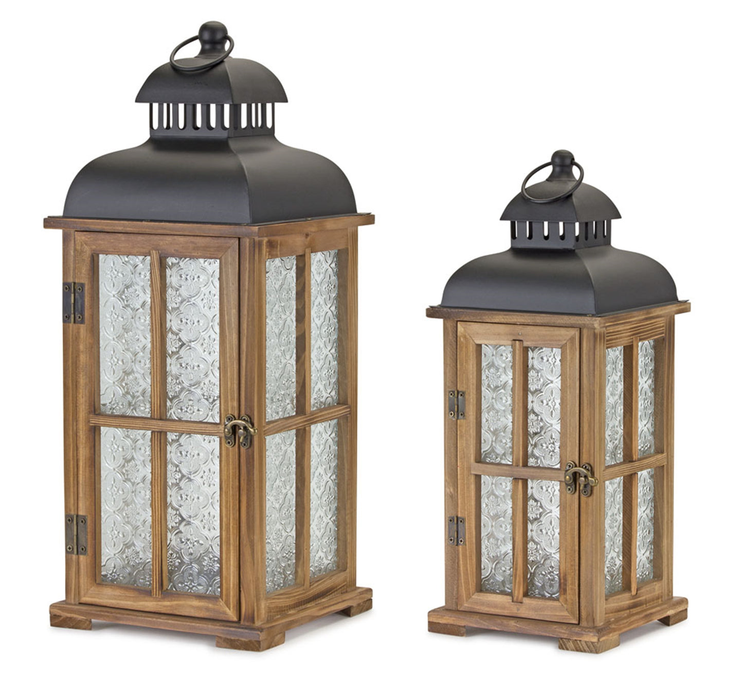 Natural Wood Lantern with Ornate Frosted Glass (Set of 2)