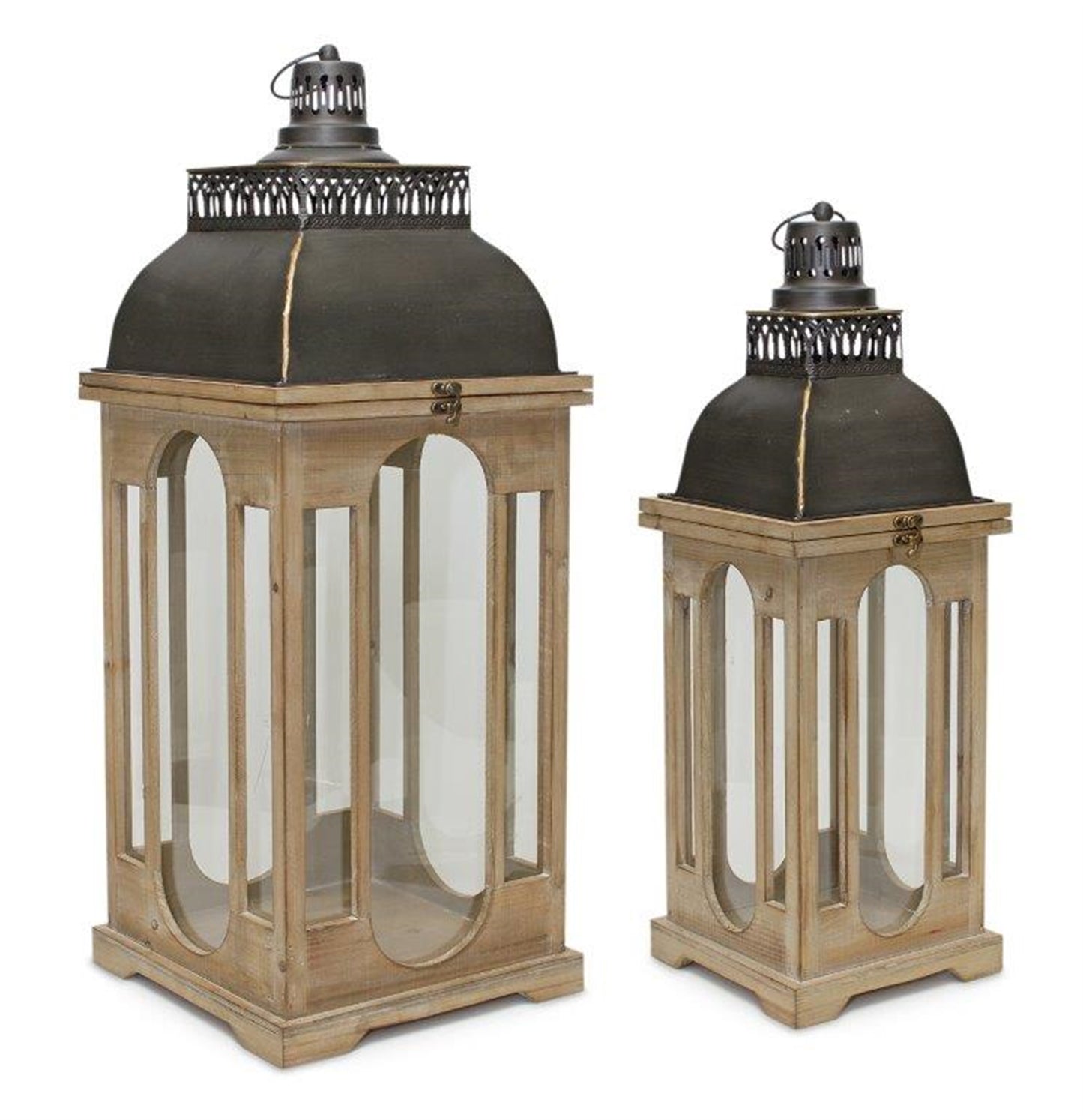 Natural Wooden Lantern with Distressed Metal Lid and Ornate Design (Set of 2)