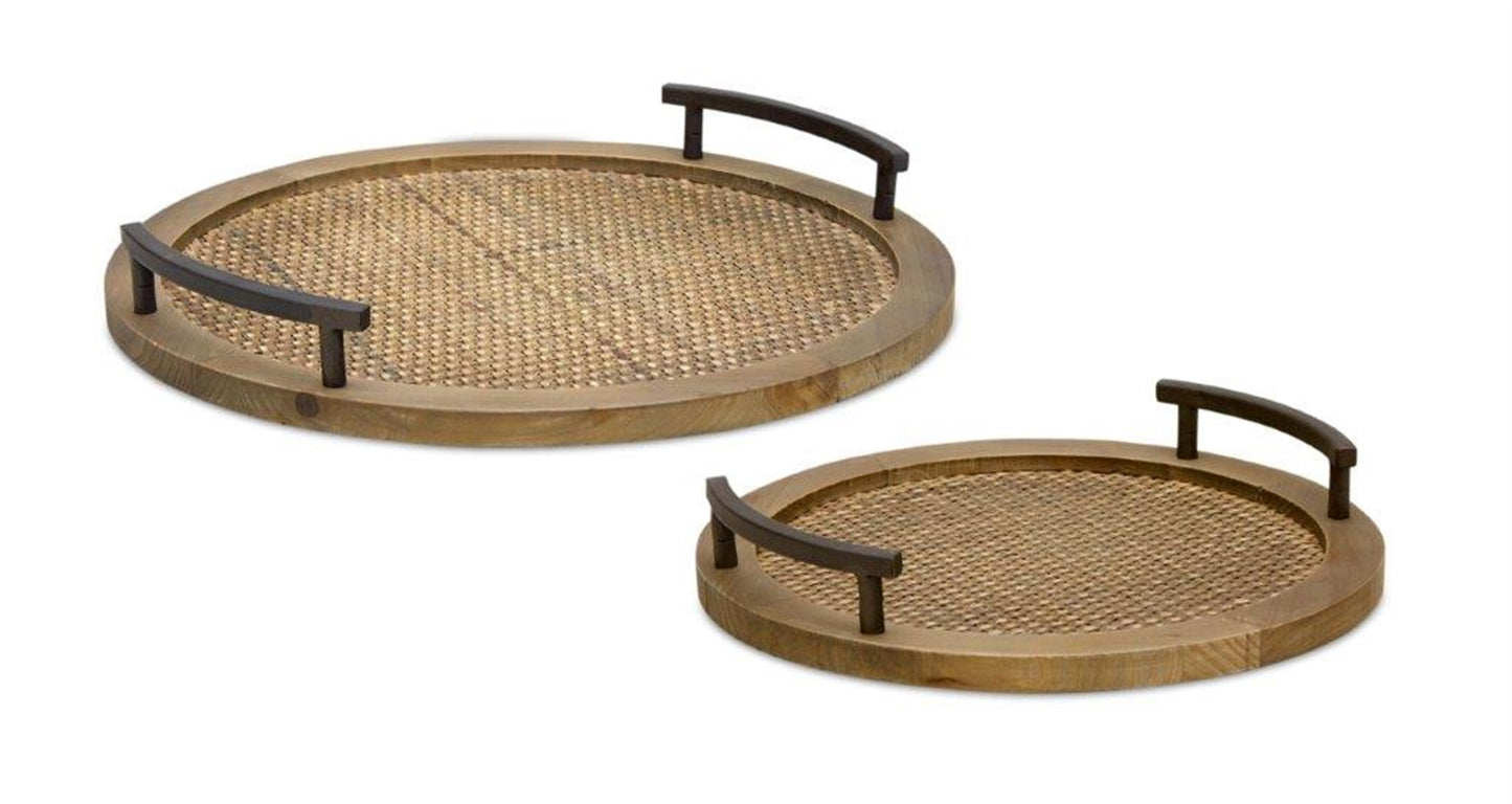 Round Rattan Tray with Metal Handle Accents (Set of 2)