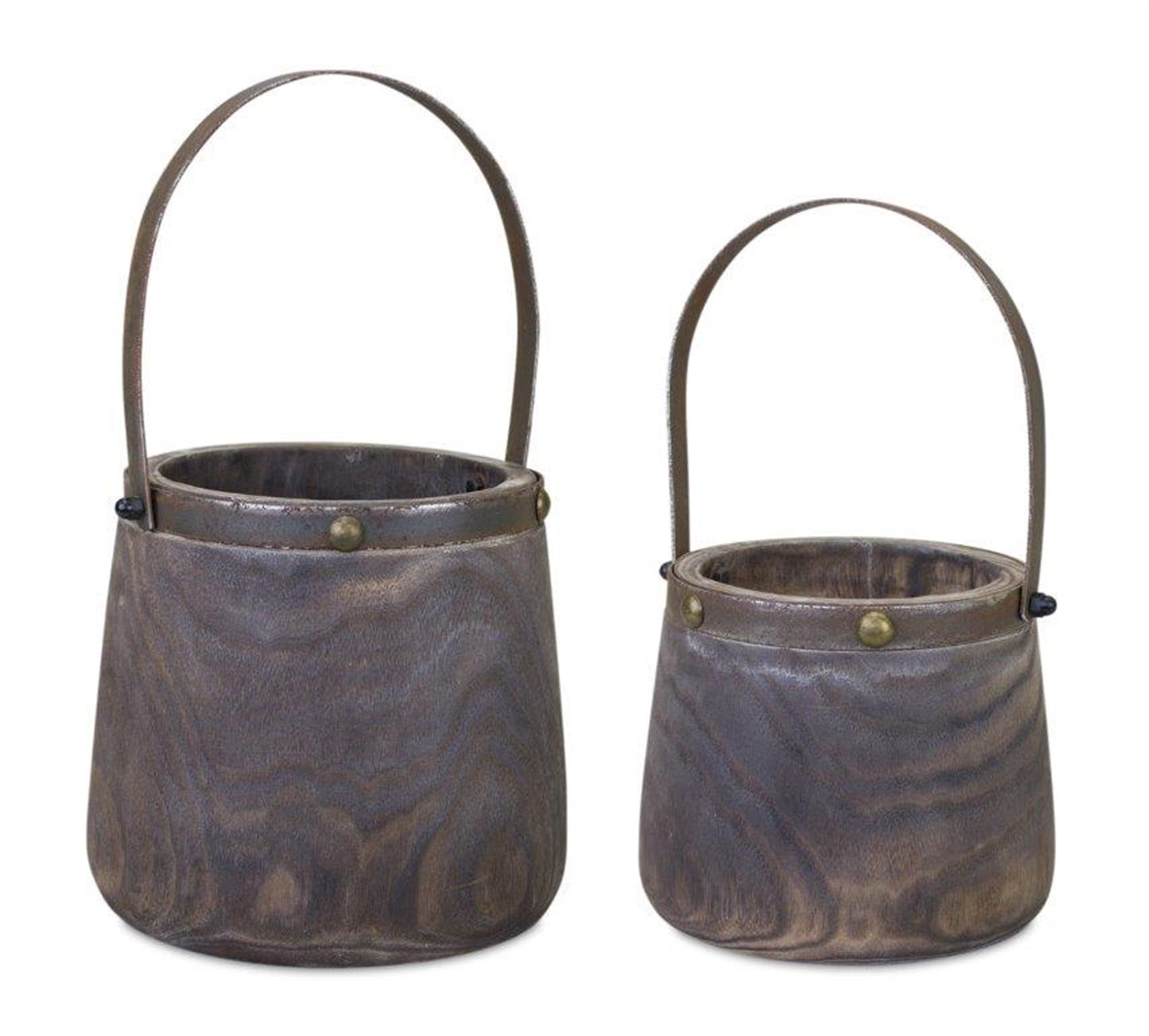 Natural Wooden Pail Planter with Metal Handle Accent (Set of 2)