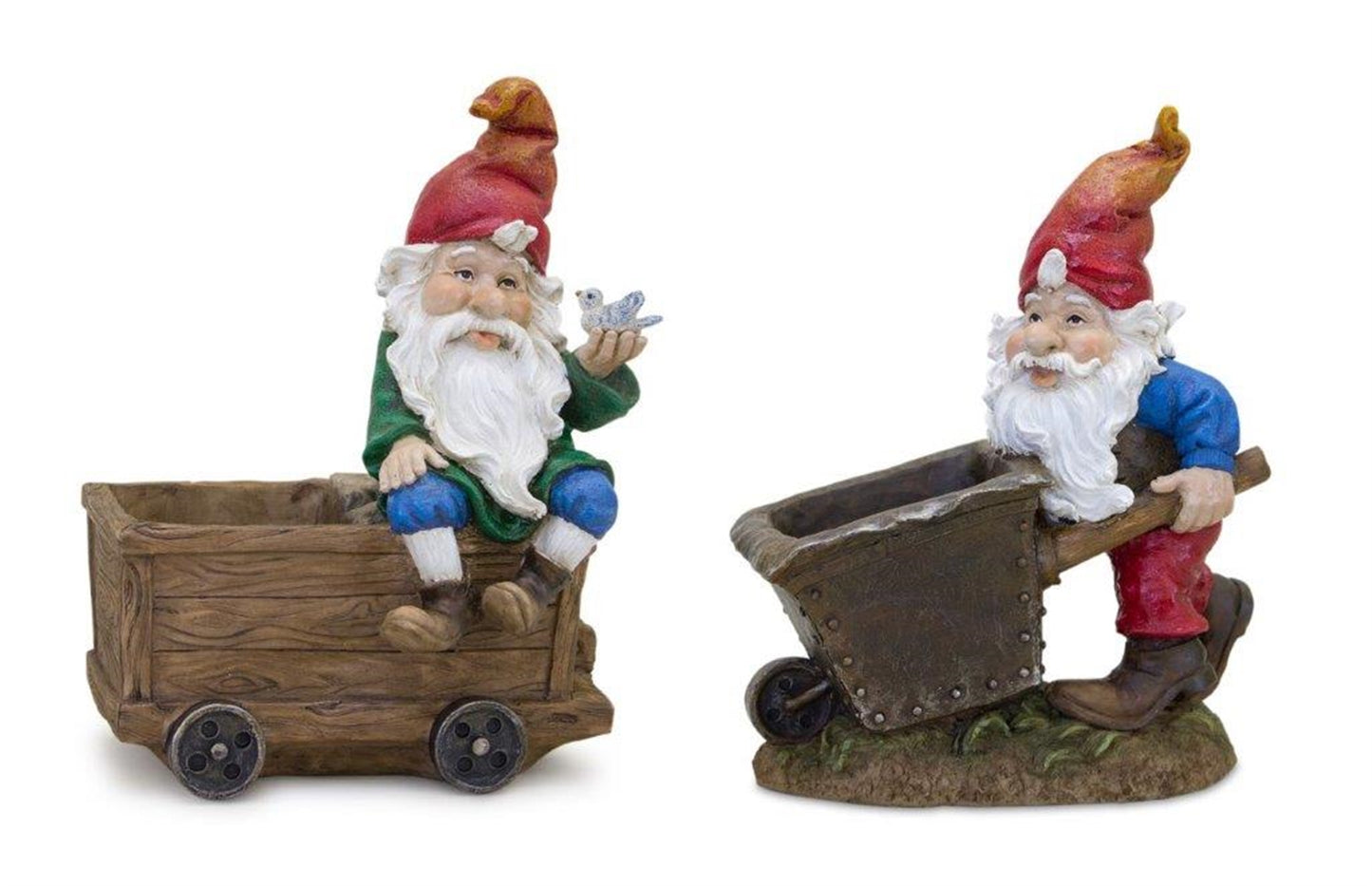 Garden Gnome Figurine with Wagon and Wheelbarrow (Set of 2)