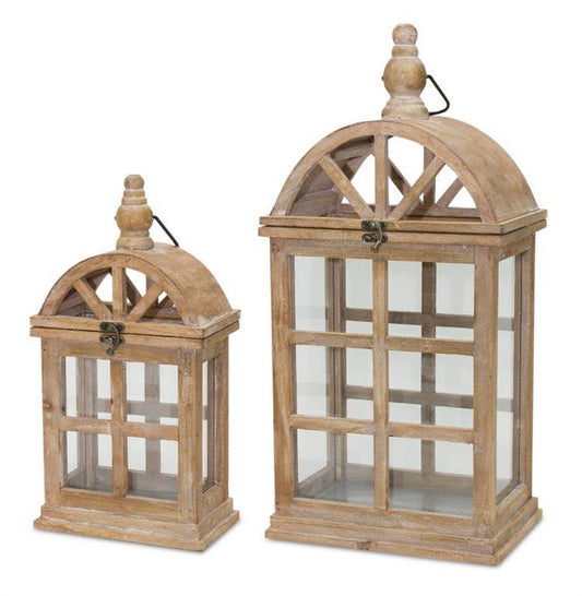 Natural Wooden Lantern with Curved Top (Set of 2)