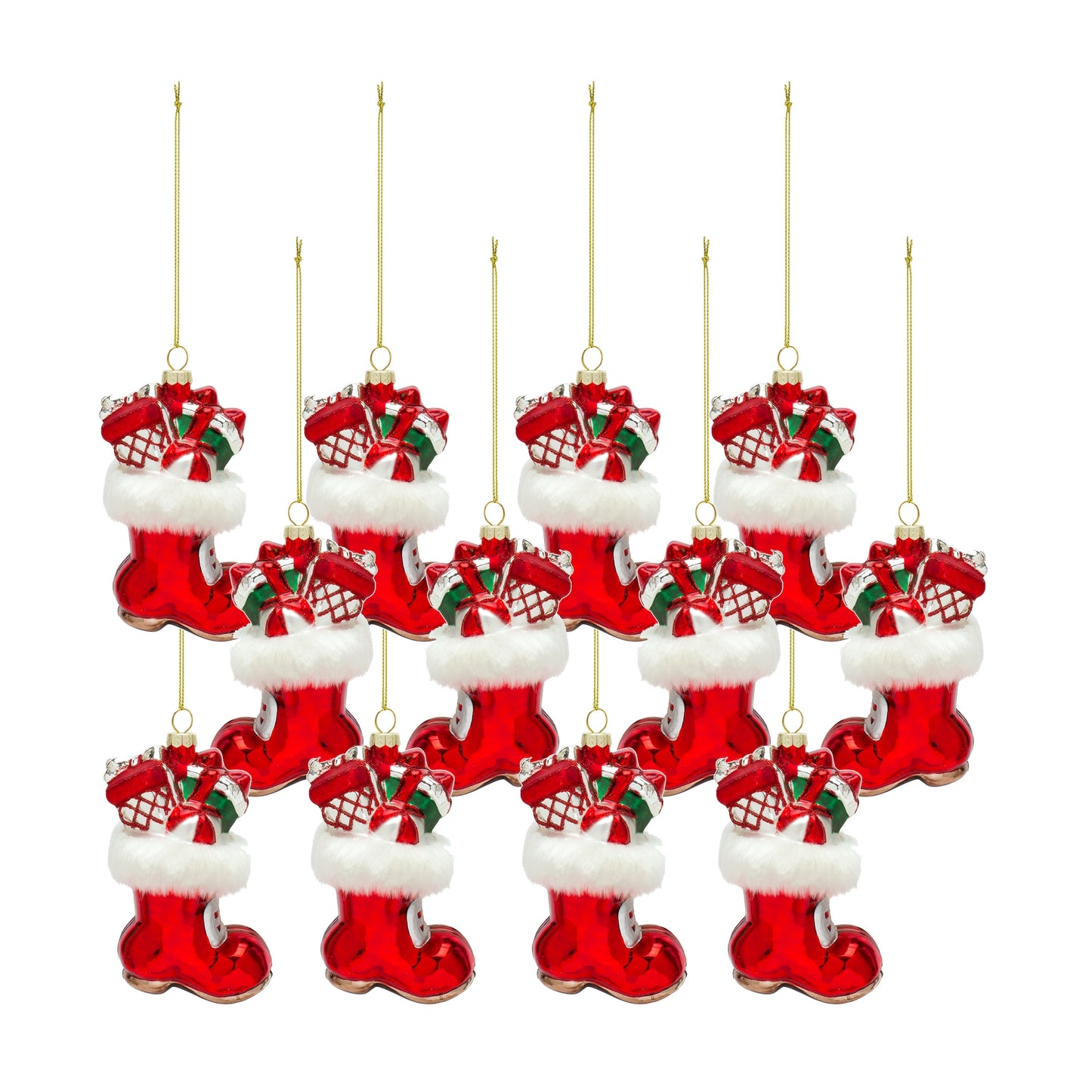 Santa Boot and Presents Glass Ornament (Set of 12)