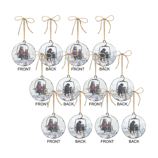 Black Bears on Ski Lift Disc Ornament with Jute Hanger (Set of 12)