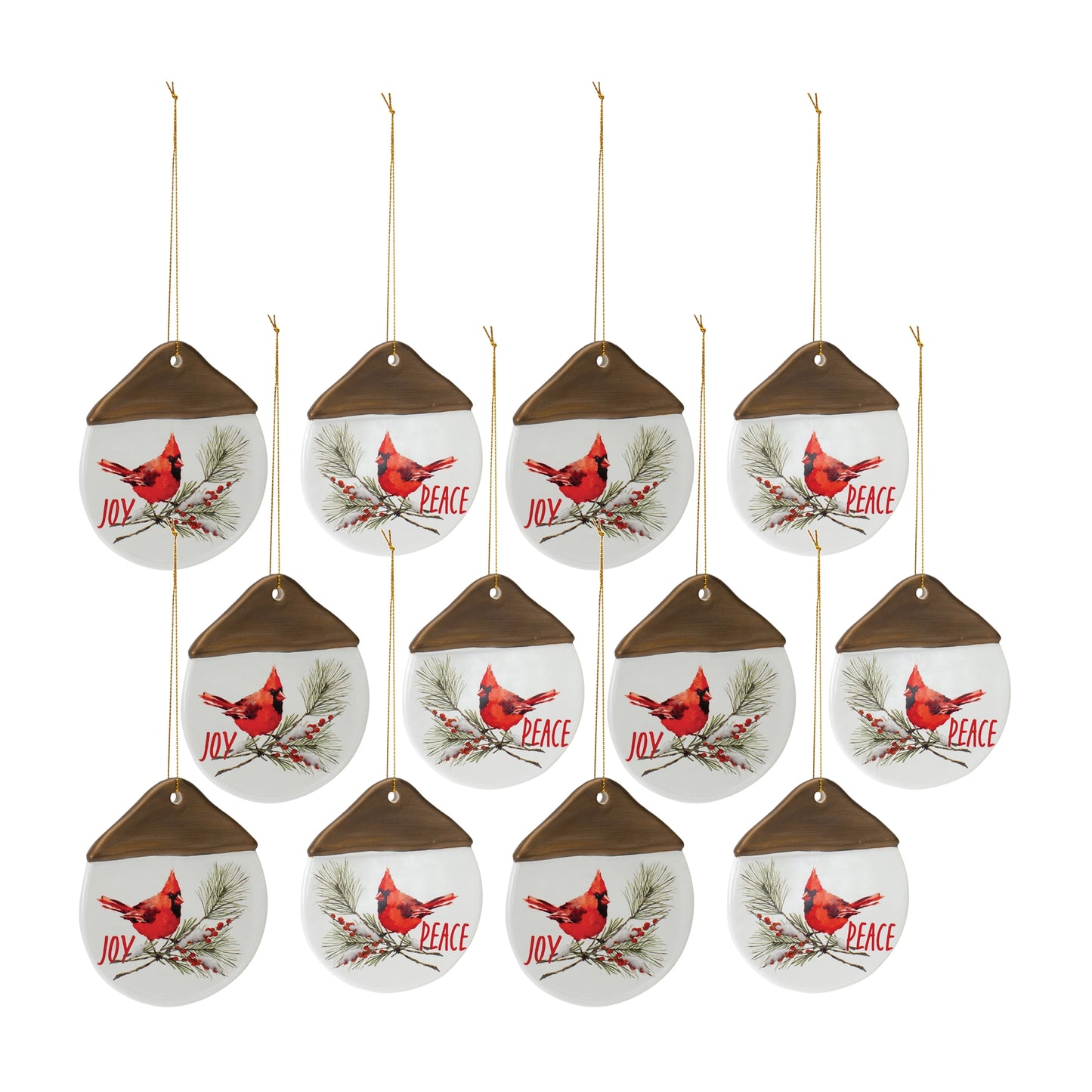 Ceramic Cardinal Pine Branch Peace Joy Tag Ornament (Set of 12)