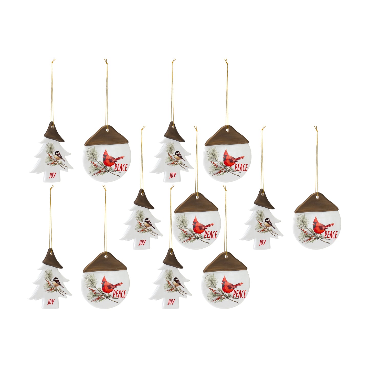 Ceramic Chickadee Pine Branch Peace Joy Tag Ornament (Set of 12)