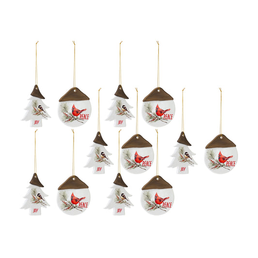 Ceramic Chickadee Pine Branch Peace Joy Tag Ornament (Set of 12)