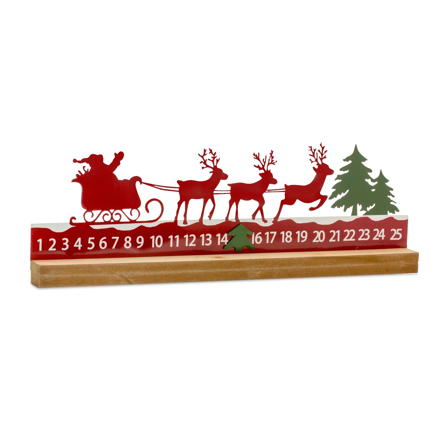 Metal Cut Out Santa and Sleigh Christmas Countdown with Fir Wood Base 23.5"L