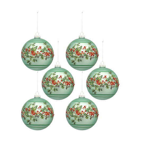 Green Pine Branch Ball Ornament with Bead Berry Accent (Set of 6)