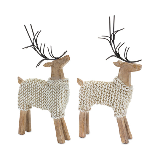 Holiday Deer Figurine with Woven Sweater (Set of 2)