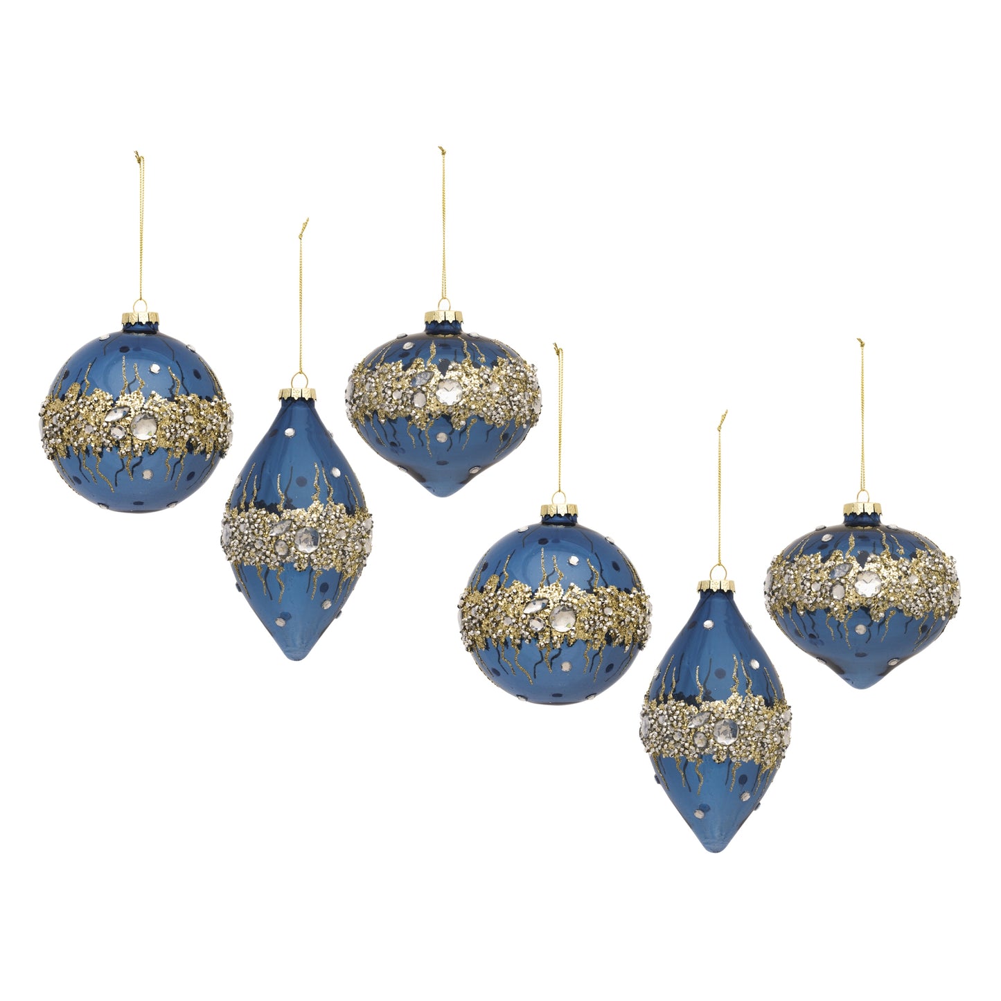 Blue Glass Ornament with Gold Bead Accent (Set of 6)
