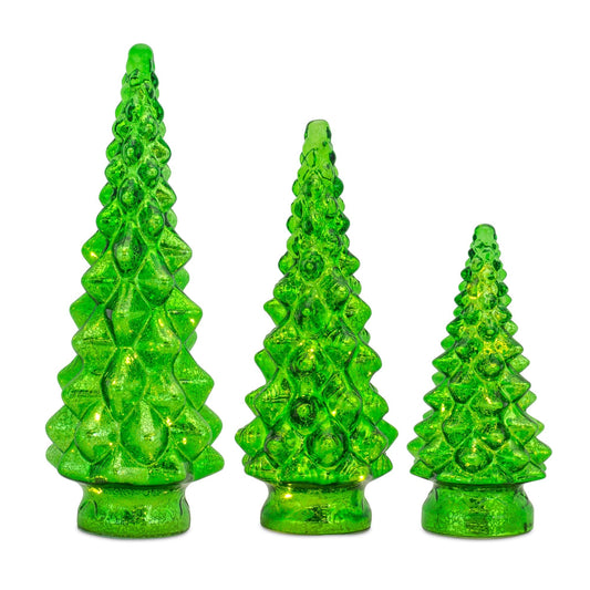 LED Lighted Green Mercury Glass Holiday Tree Décor (Set of 3)