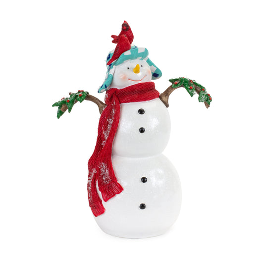 Whimsical Snowman Figurine with Cardinal Bird Accent 12.5"H